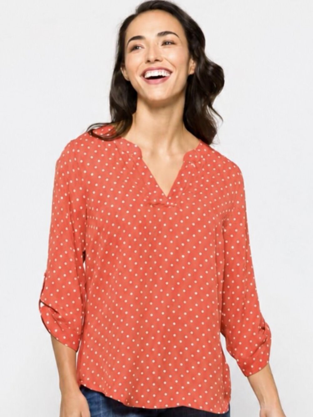 Fortune + Ivy Tulsa Polka Dot Mixed Material Blouse S Burnt Orange